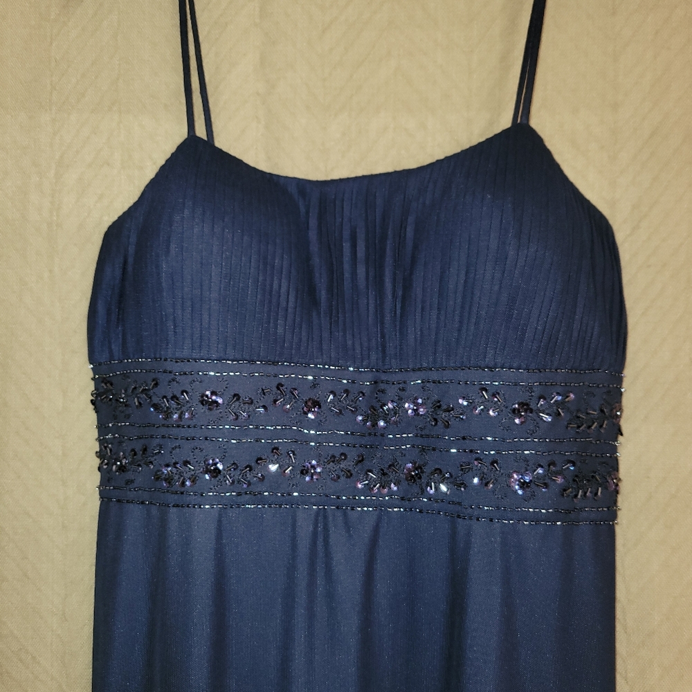 Blue evening gown with beaded bodice and tulle overlay.